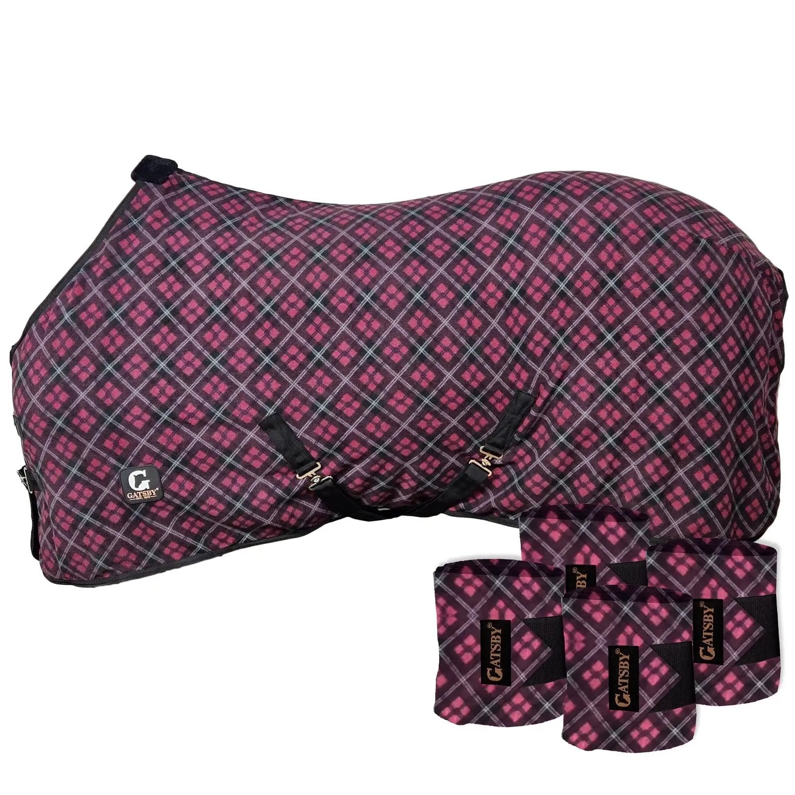 Gatsby fleece dress sheet and 3 matching polo wraps, pink plaid, StateLineTack.