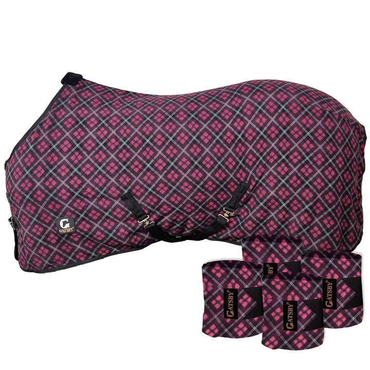 Gatsby fleece dress sheet and 3 matching polo wraps, pink plaid, StateLineTack.