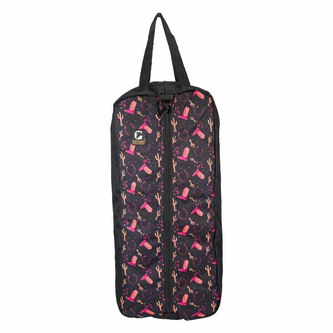 Gatsby Print Nylon Padded Bridle Halter Bag by StateLineTack, black nylon with pink desert print
