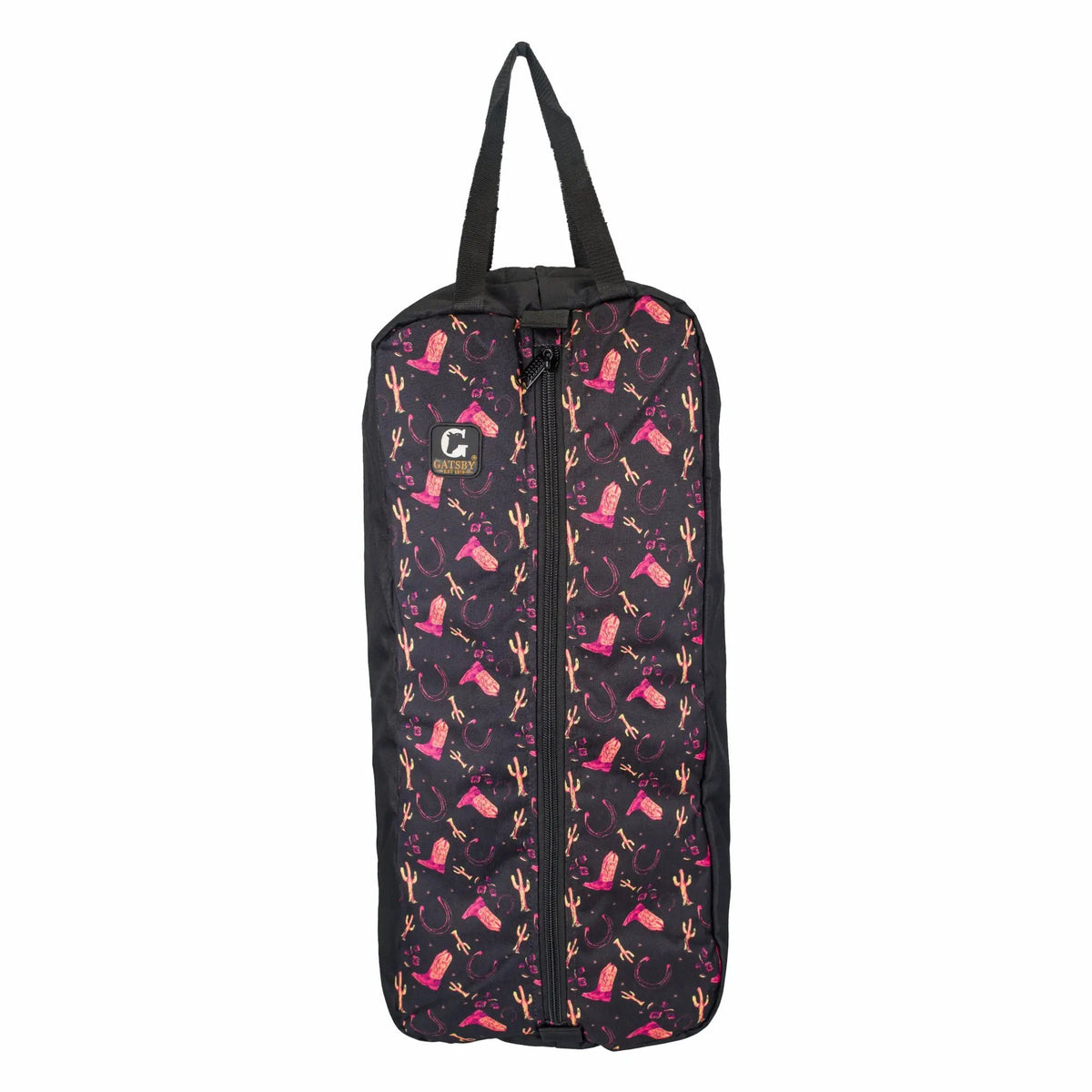 Gatsby Print Nylon Padded Bridle Halter Bag by StateLineTack, black nylon with pink desert print