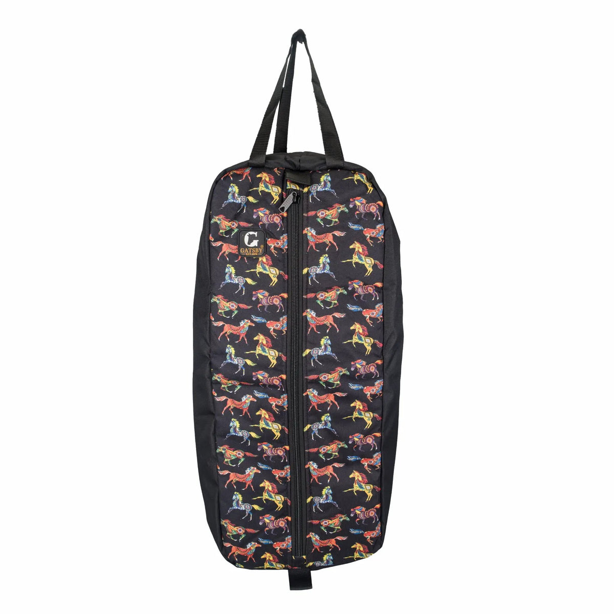 Gatsby print nylon padded bridle halter bag; black fabric with colorful horse motif, dual carry handles, Gatsby patch.