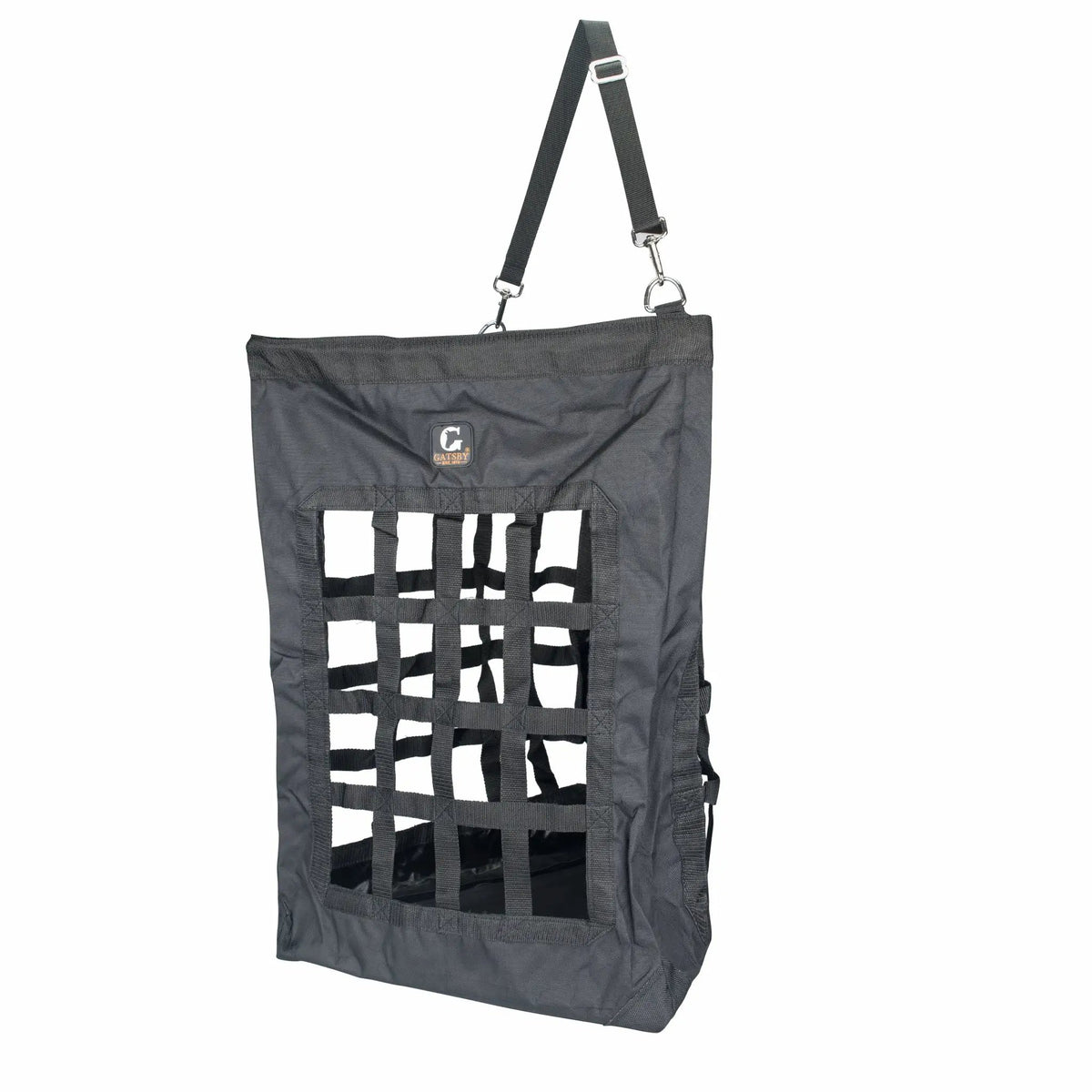 Gatsby Nylon 3-Sided Corner Hay Bag by StateLineTack; gray nylon with metal clip hardware.
