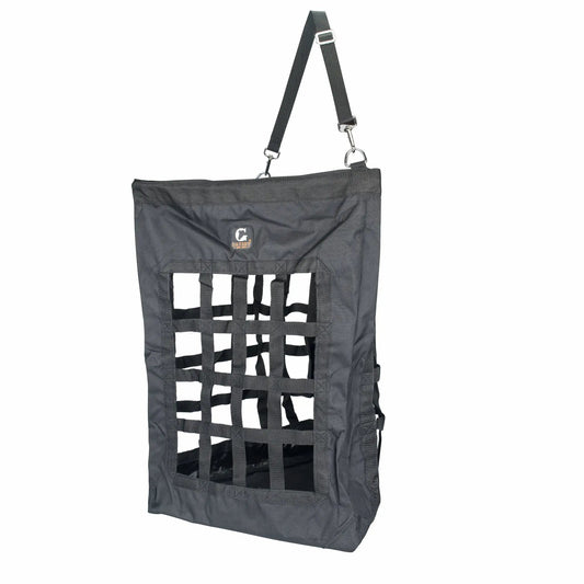 Gatsby Nylon 3-Sided Corner Hay Bag by StateLineTack; gray nylon with metal clip hardware.