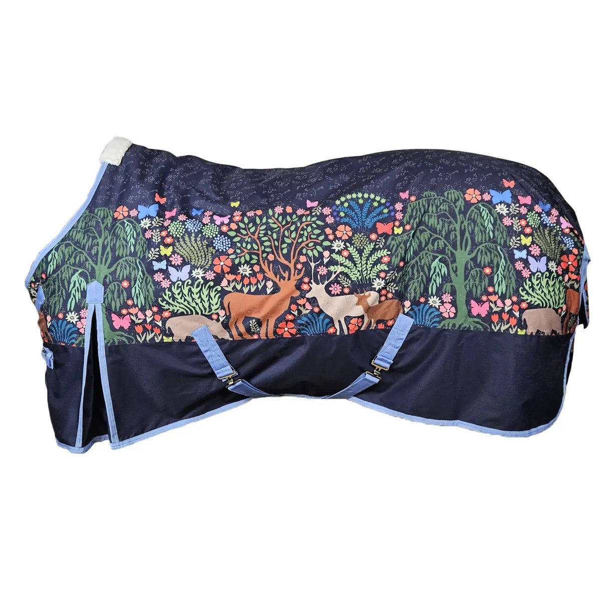Gatsby Woodland 600D Waterproof Turnout Sheet by StateLineTack; navy with colorful woodland print and blue trim.