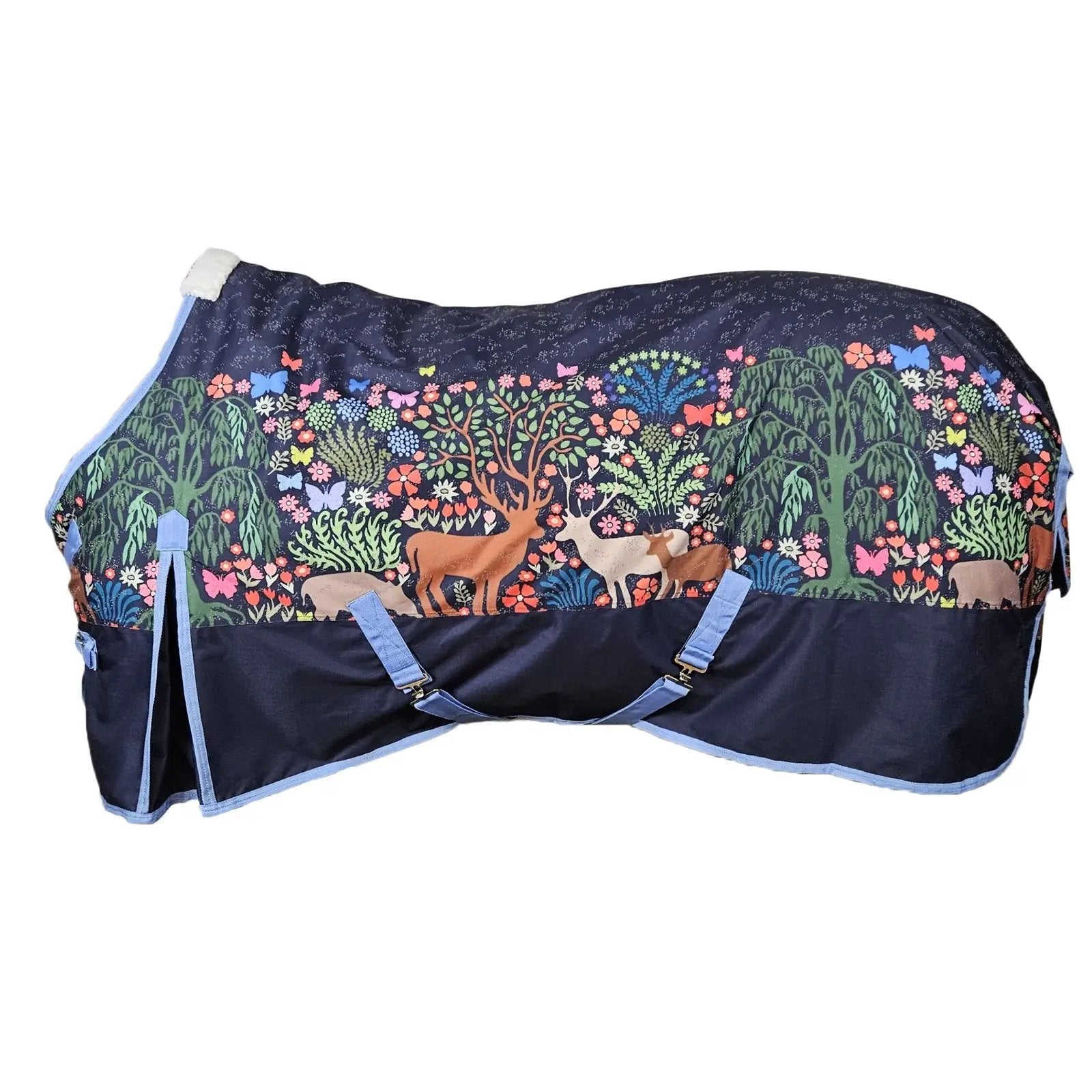 Gatsby Woodland 600D Waterproof Turnout Sheet by StateLineTack; navy with colorful woodland print and blue trim.