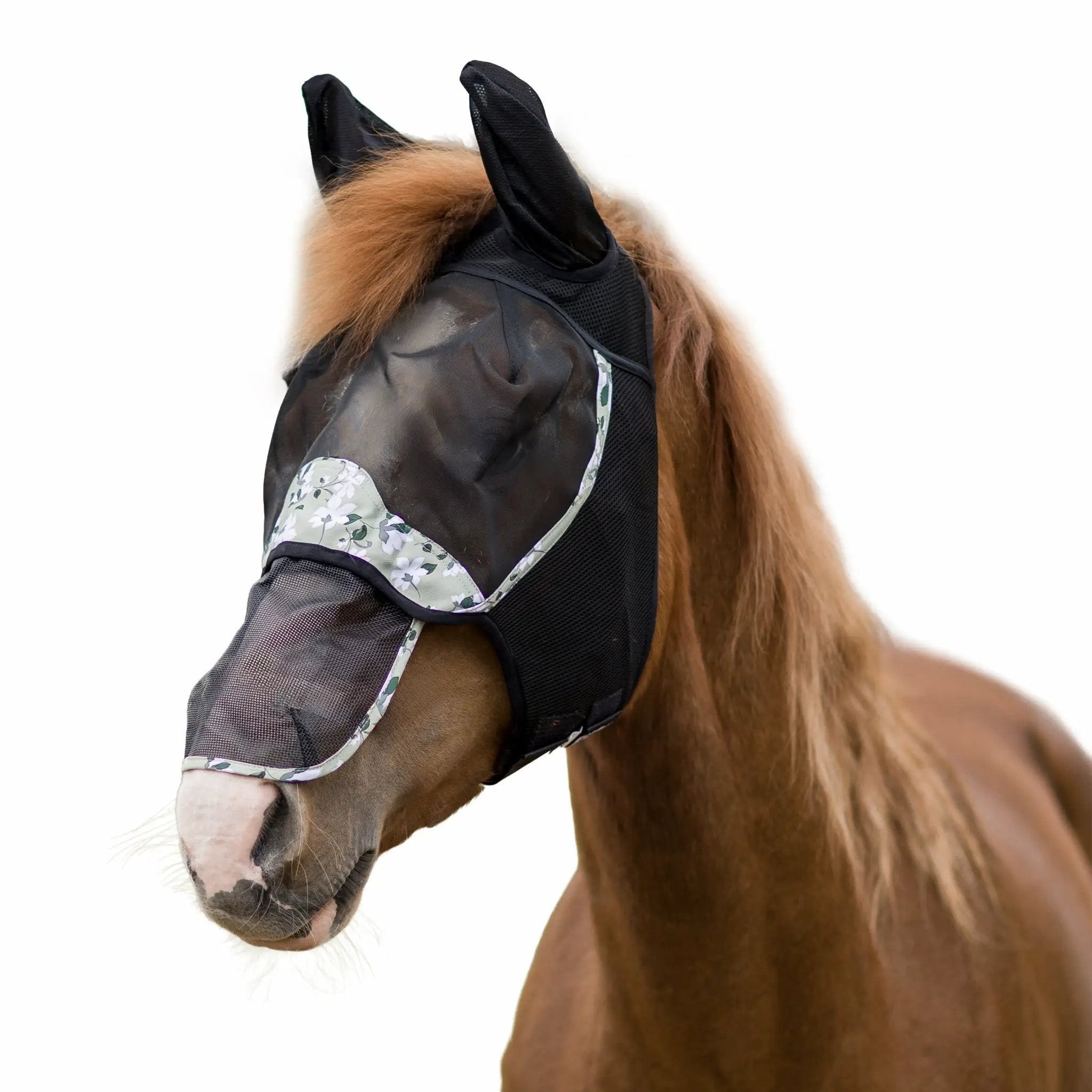 Gatsby Signature Series Comfort-Mesh Fly Mask with Ears by StateLineTack, black mesh with floral trim