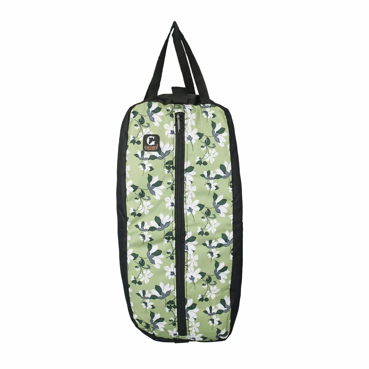 Gatsby Print nylon padded bridle halter bag in green floral with black trim and long carry straps