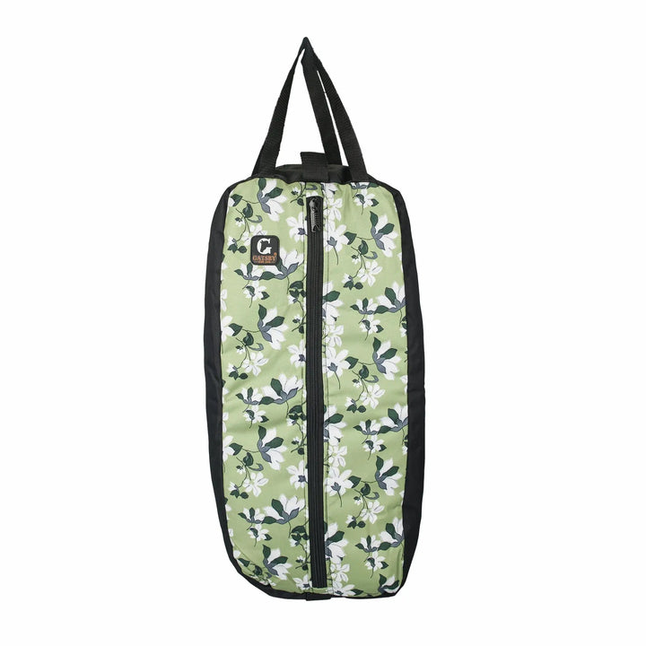 Gatsby Print nylon padded bridle halter bag in green floral with black trim and long carry straps