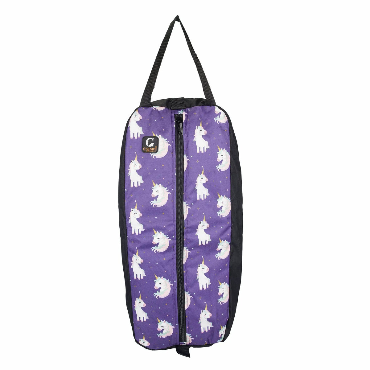 Gatsby Print nylon padded bridle halter bag by StateLineTack, purple unicorn pattern
