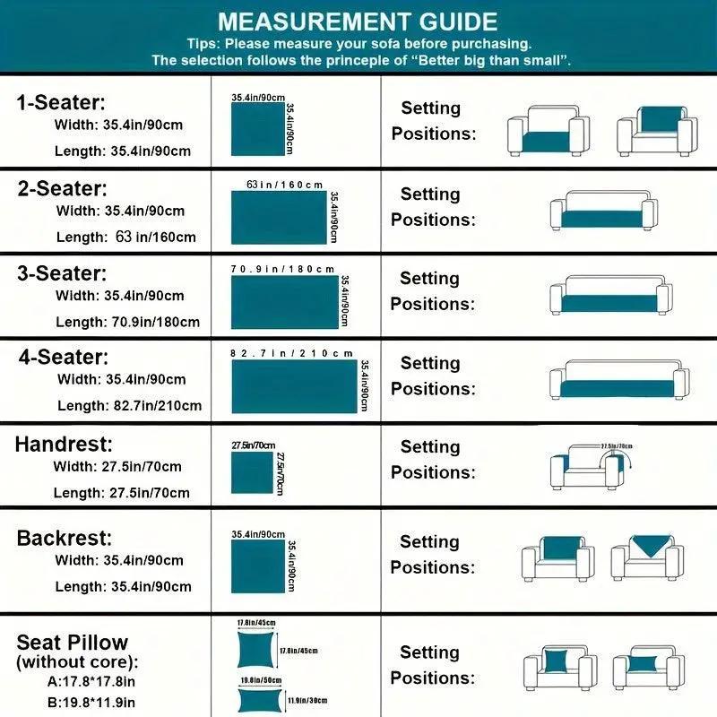 Luxurious Gradient Velvet Sofa Cover teal swatch with a measurement guide for 1–4 seater sofas from topspet