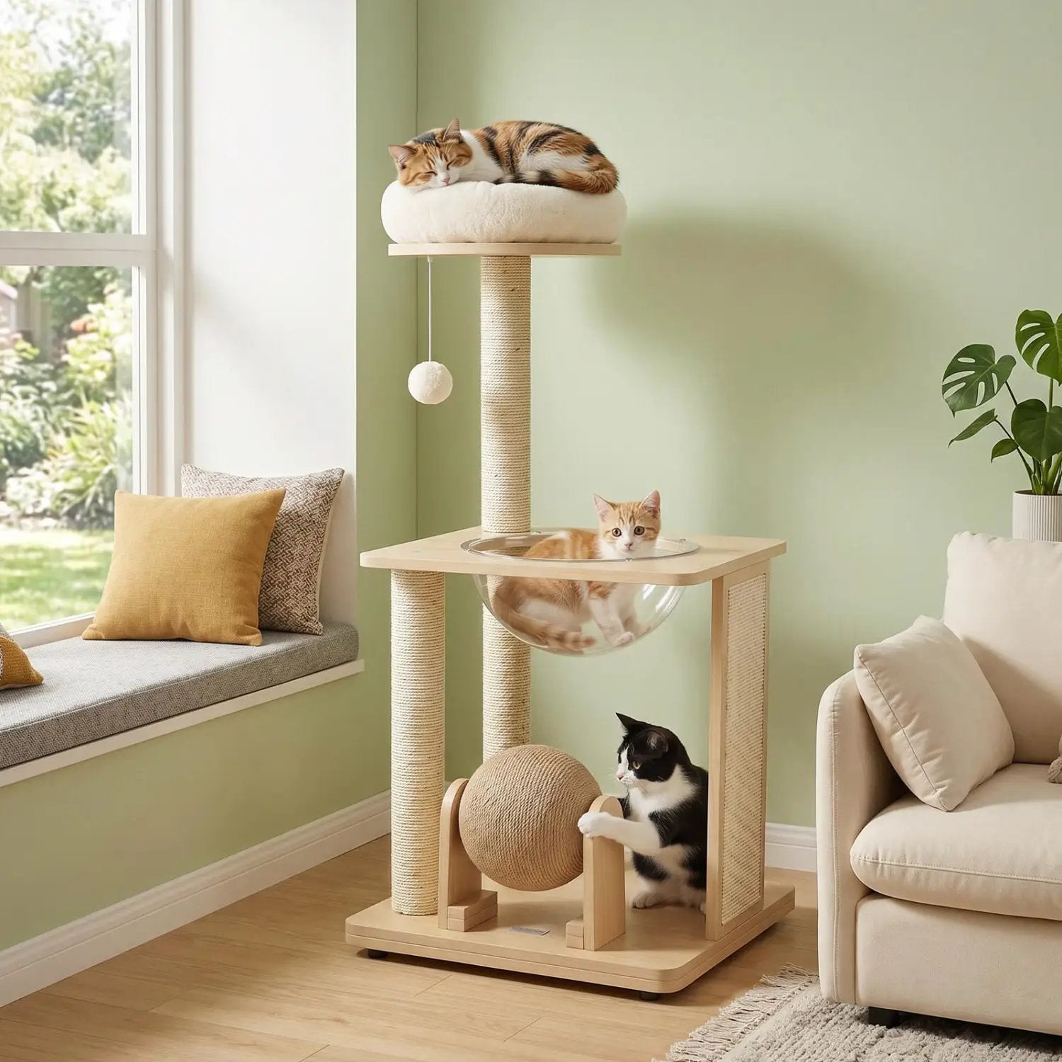 40-inch solid wood cat tree with space capsule bed, sisal posts, and hanging ball toy; two cats visible.