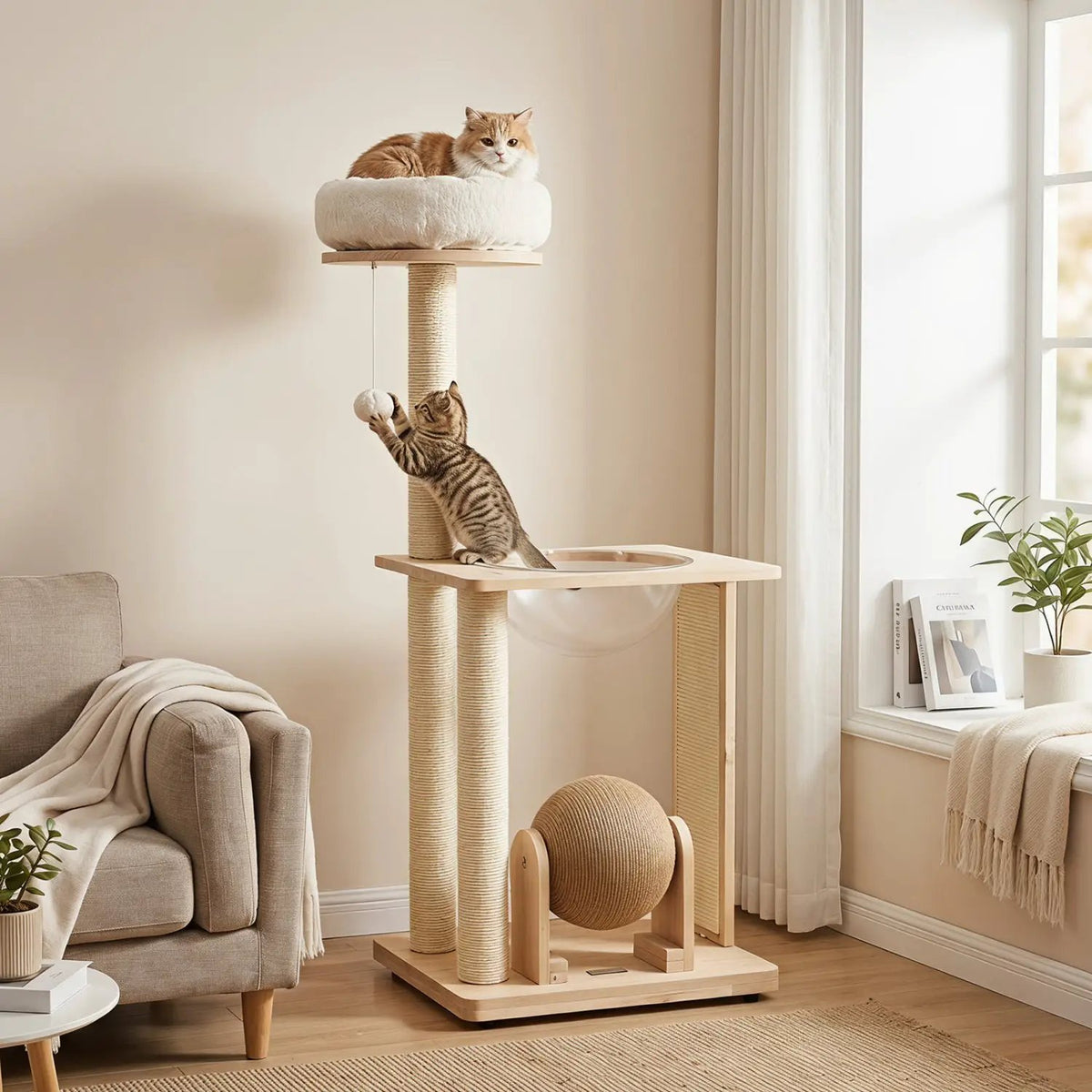 40-inch Solid Wood Cat Tree with Space Capsule & Sisal Posts, plush top bed, natural wood finish, two cats.