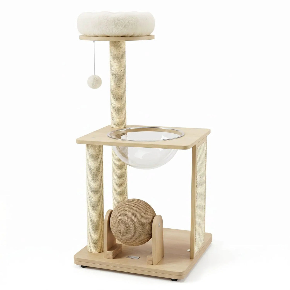 40-inch solid wood cat tree with sisal posts, space capsule, and plush top perch