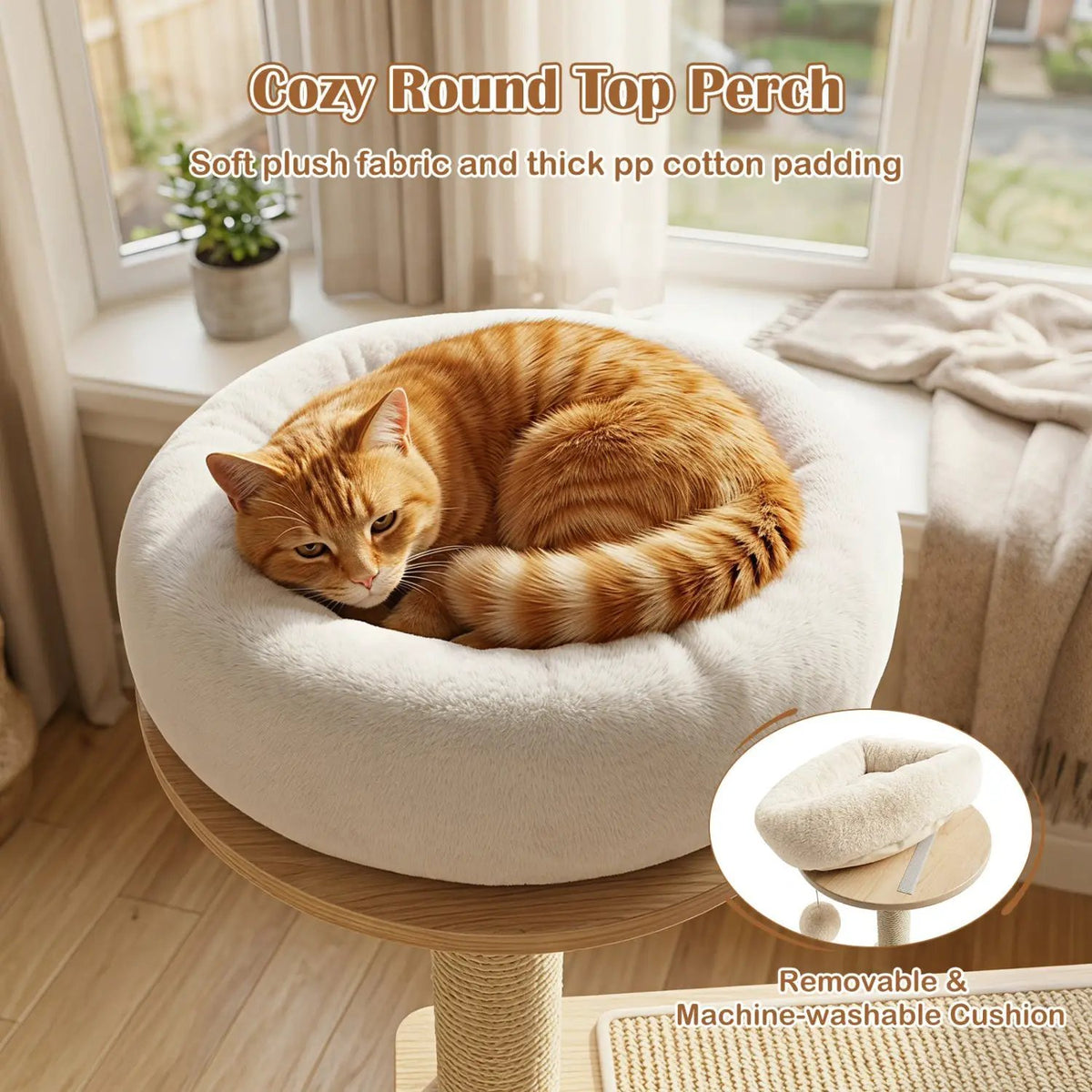 40-inch solid wood cat tree with space capsule perch, white plush cushion, and sisal posts