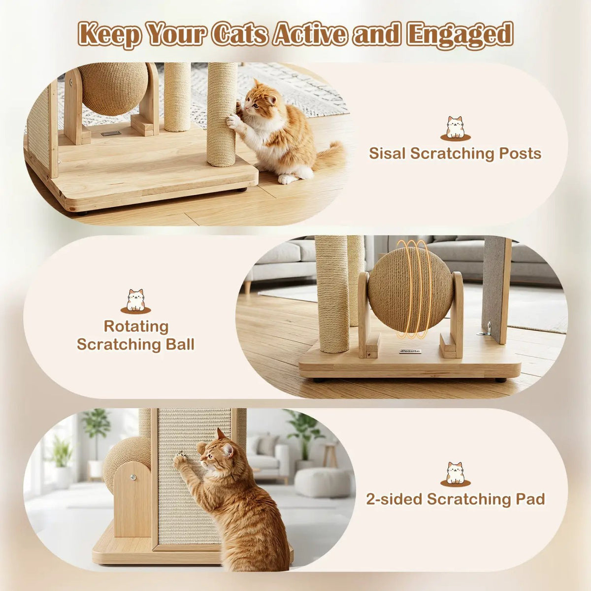 DirectDeals 40-inch solid wood cat tree with space capsule, sisal posts, rotating scratching ball