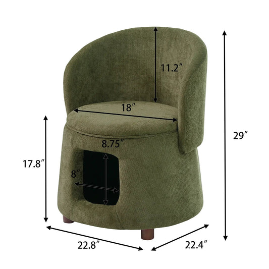 Green pet-friendly chair with hidden pet nook, olive upholstery; Home Furnishers chair replacement parts.