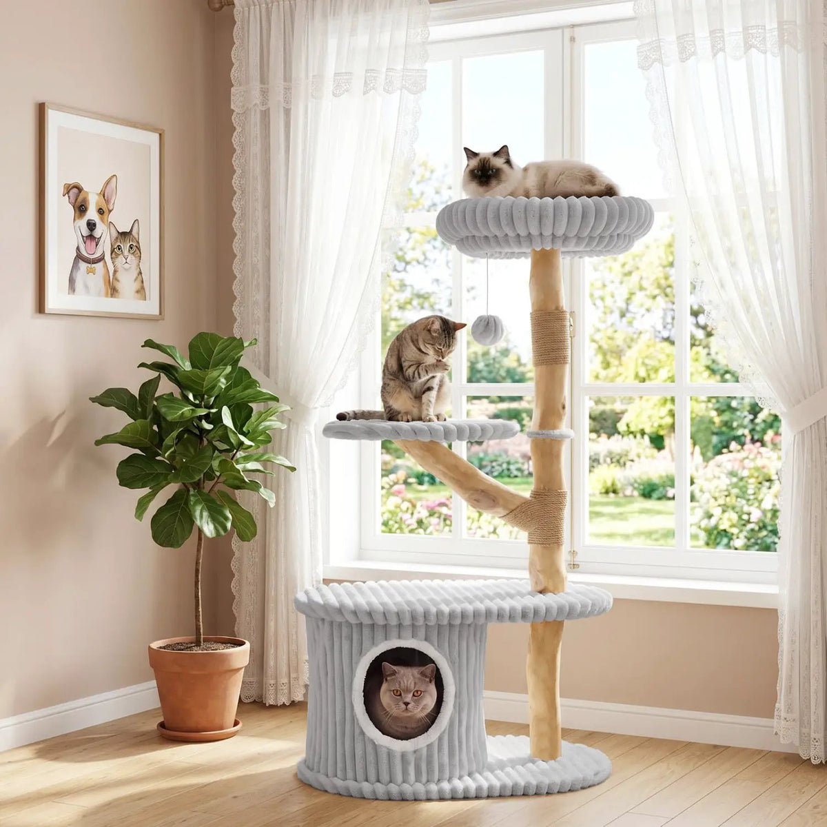 41-Inch Cat Tower with real wood branches and light-gray rope scratching posts; 3 cats lounging on platforms.