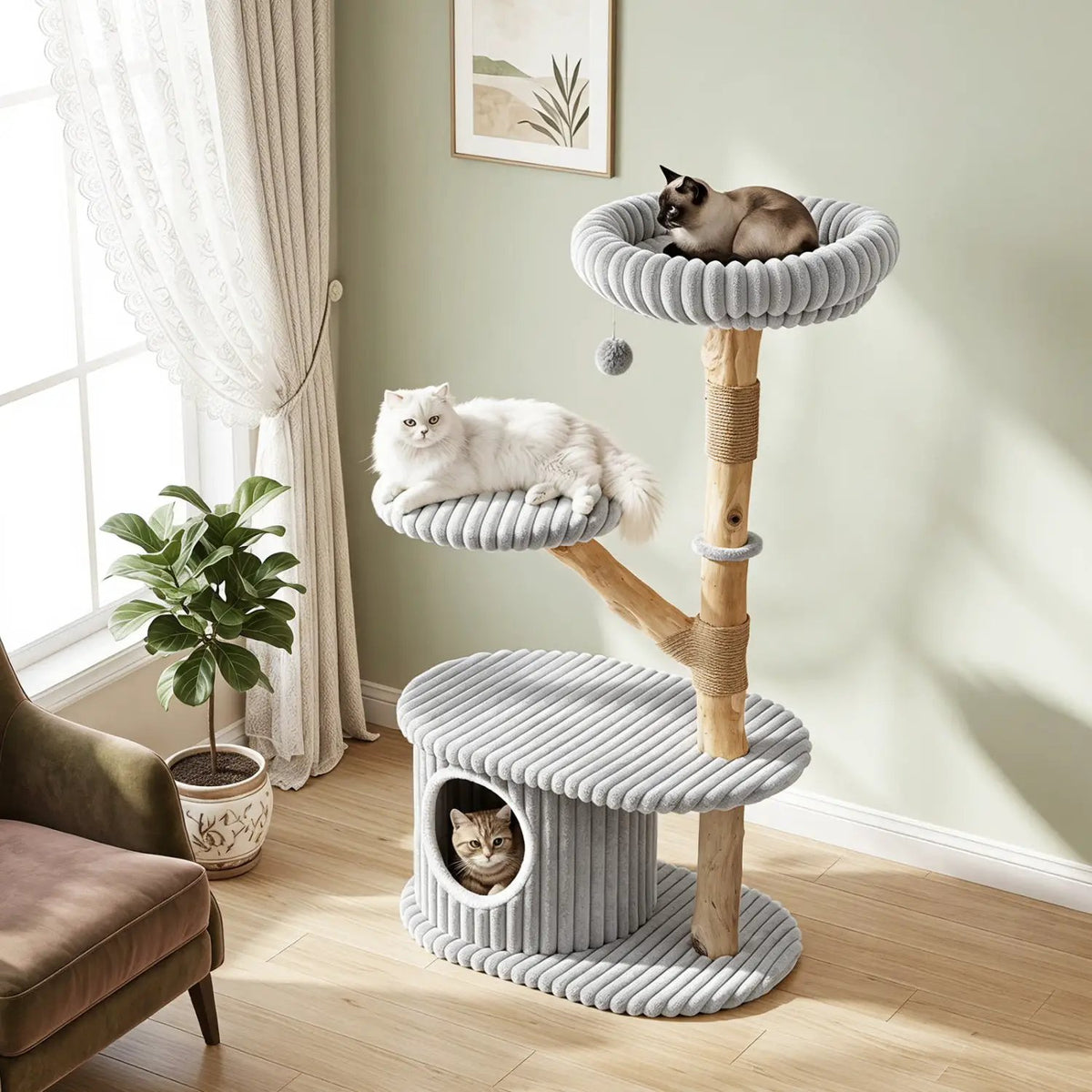 41-Inch cat tower with real wood branches and gray rope platforms; two cats on levels