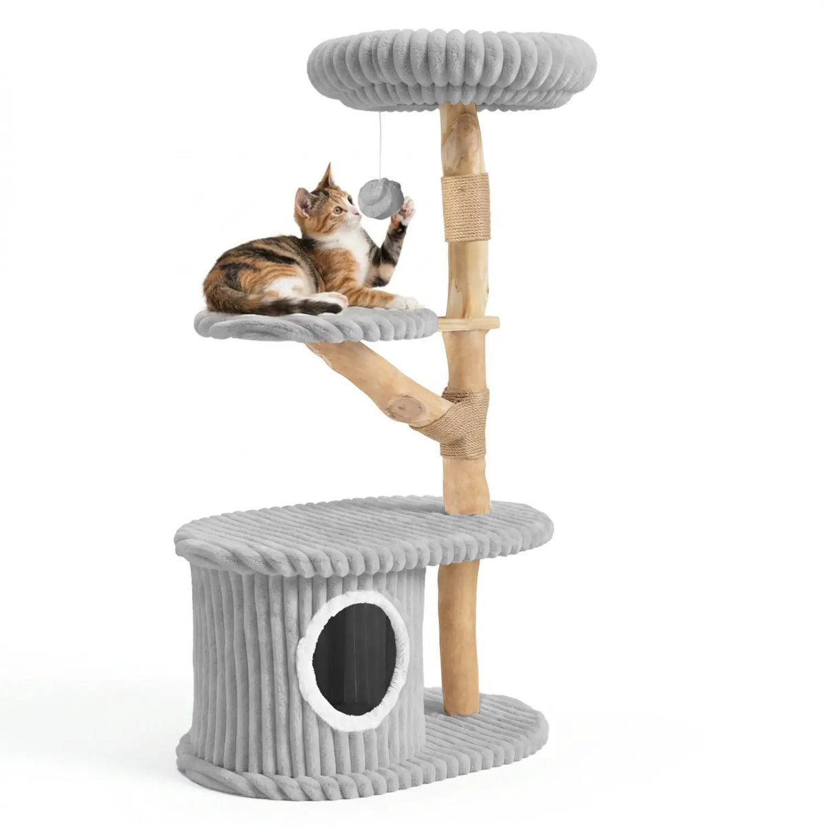 DirectDeals 41-Inch Cat Tree with real wood branches and gray plush platforms
