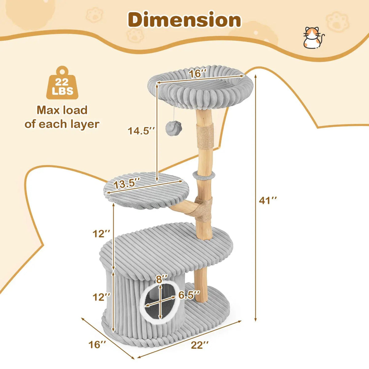 Cat tree with gray rope-wrapped platforms and real wood branches