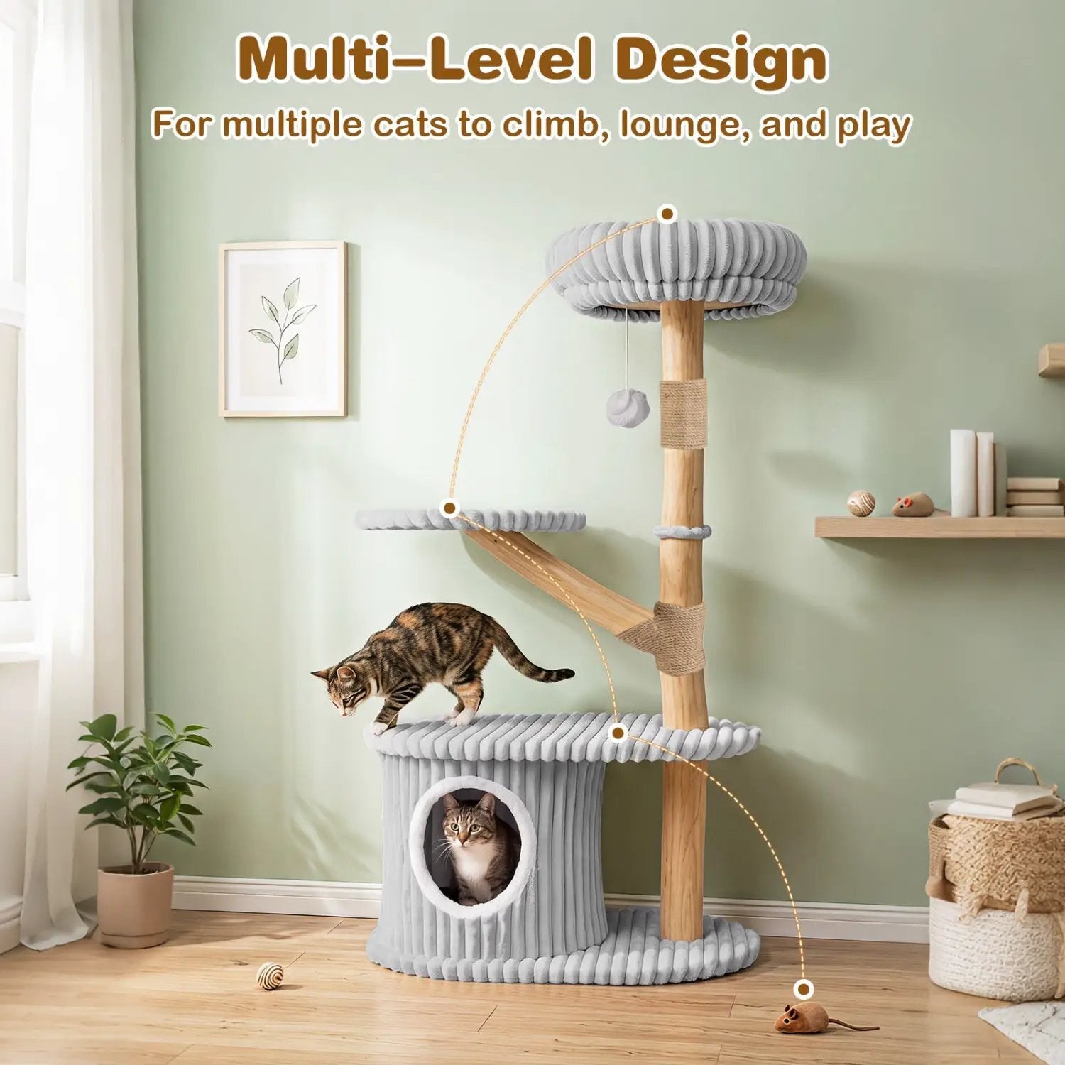 Cat Tower 41-Inch with real wood branches and gray plush platforms; 2 cats playing.