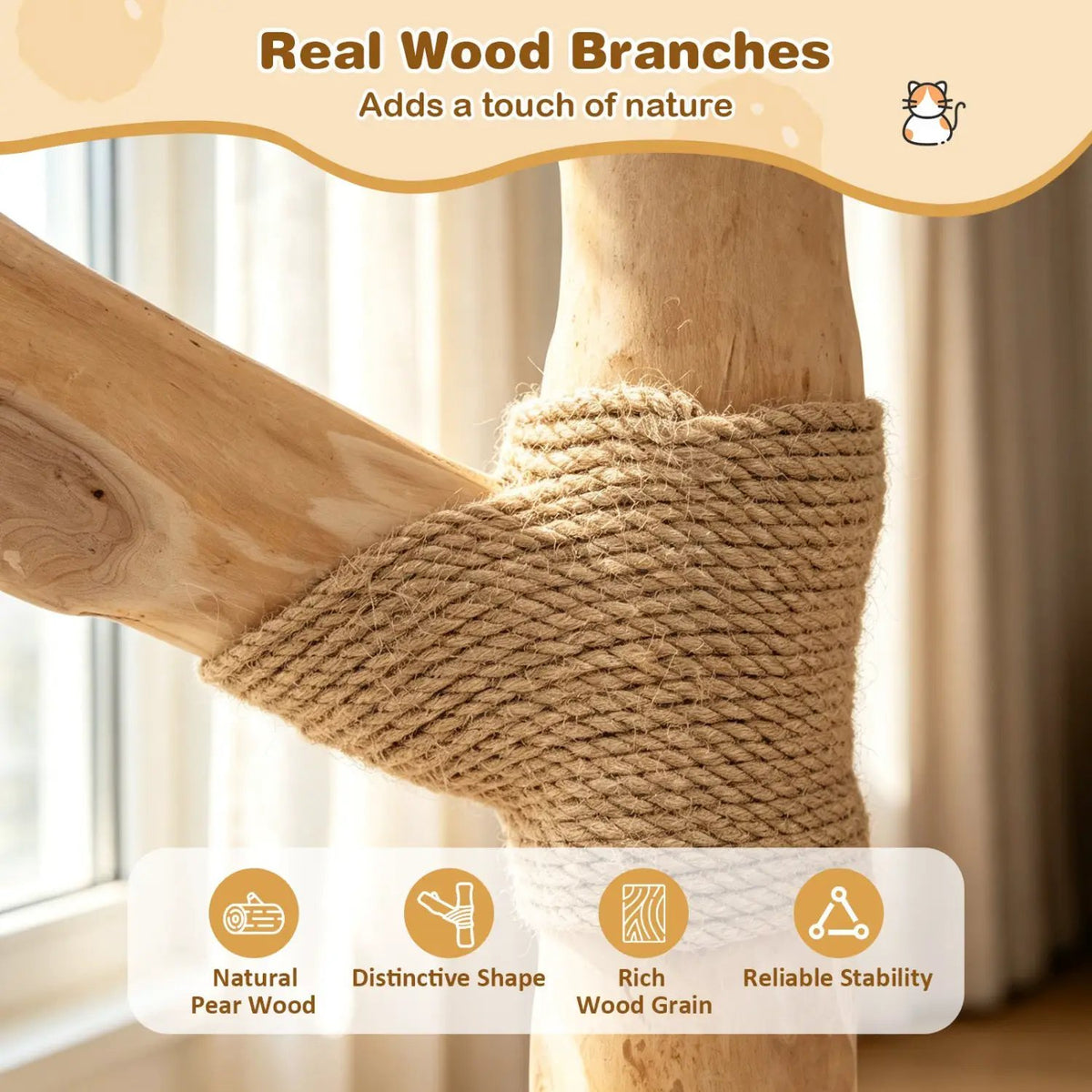 DirectDeals 41-Inch Cat Tree with natural pear wood branches and rope-wrapped scratching posts