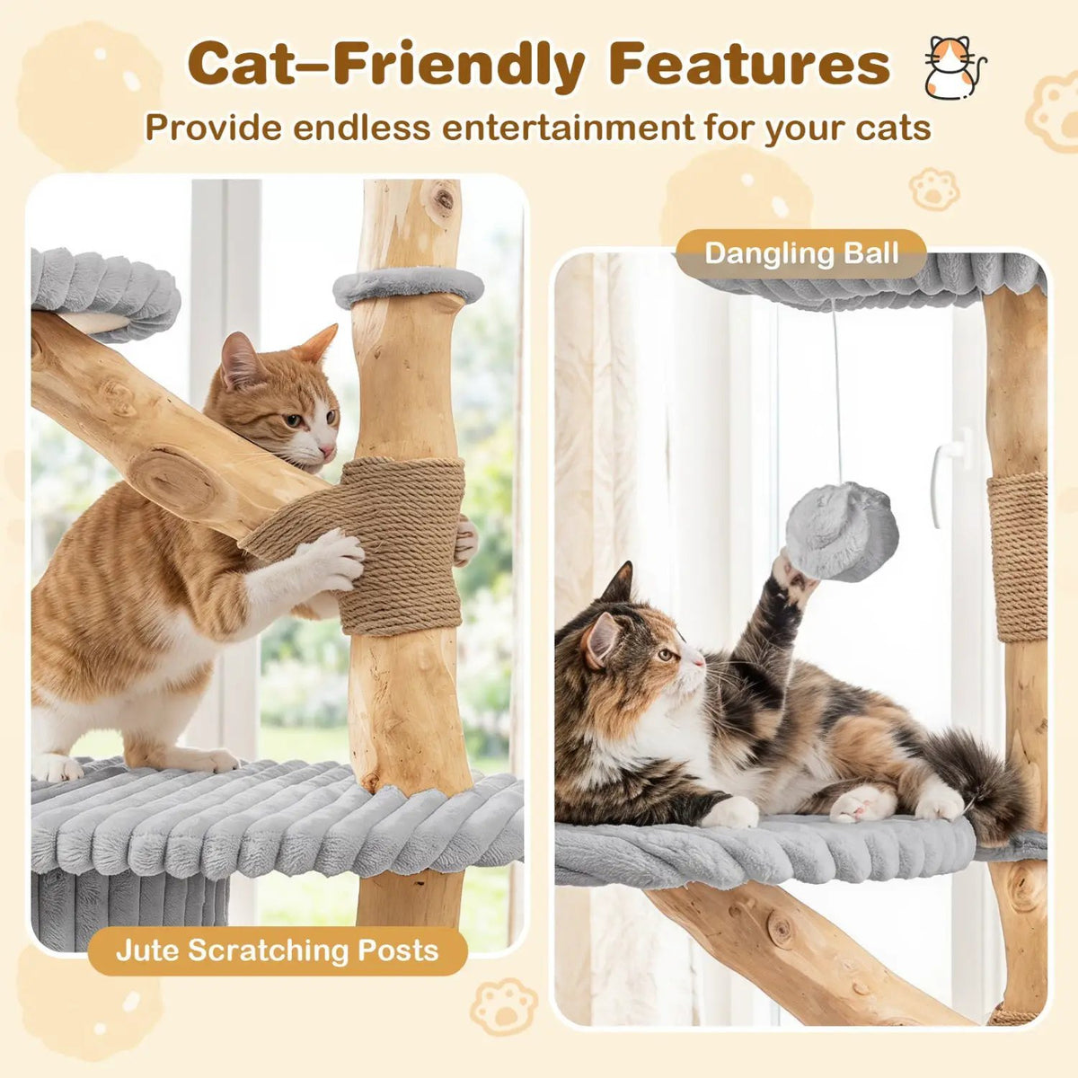 41-Inch Cat Tower by DirectDeals with real wood branches and jute scratching posts, two cats playing