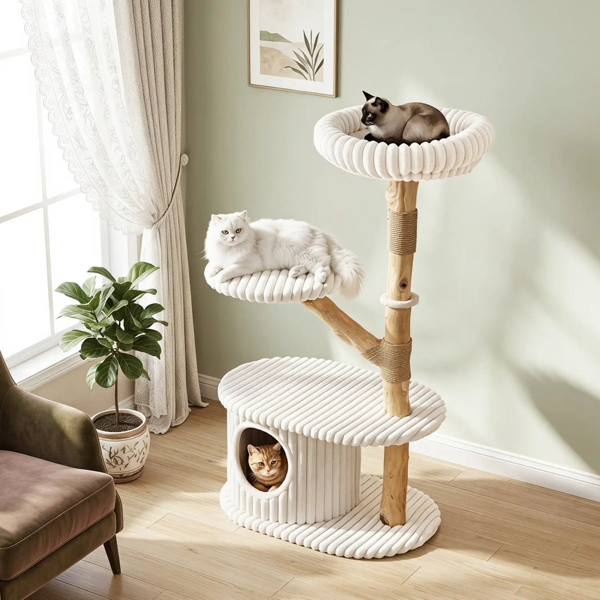 DirectDeals 41-Inch Cat Tower with real wood branches and cream rope posts; 2 cats perched.