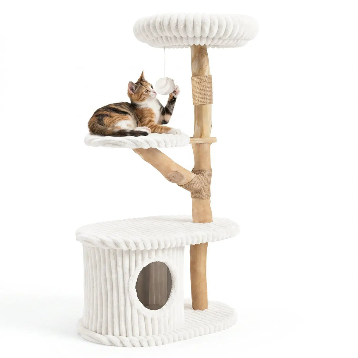41-Inch Cat Tower with real wood branches and white plush rope, cat lounging on a platform.