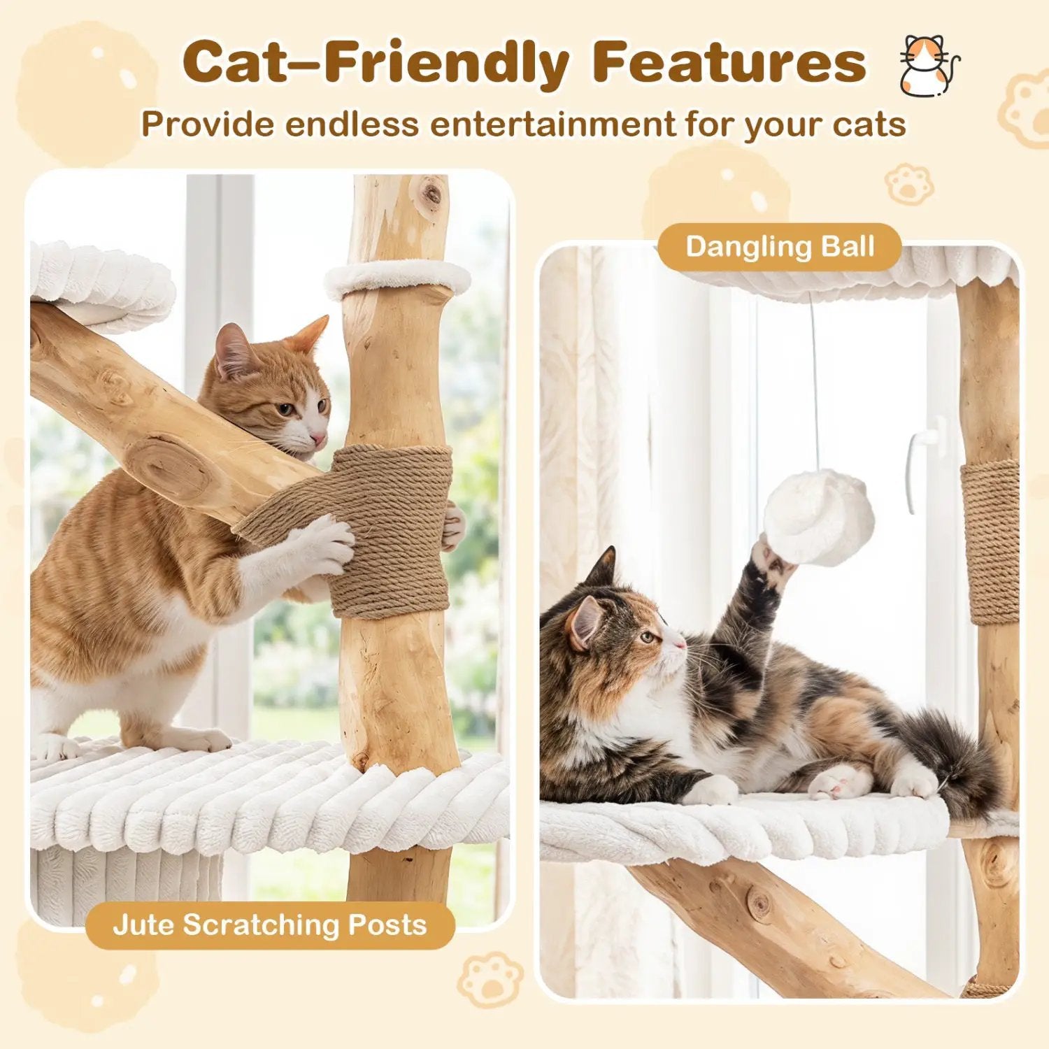 Cat Tree by DirectDeals, 41-Inch with real wood branches and white plush, jute scratching posts