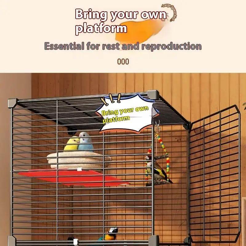 Large rolling bird cage with perches, bowls and removable tray; black metal on wheels with two birds inside.