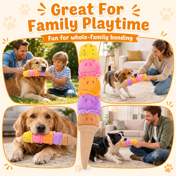 Dogs and people playing with ice cream toy