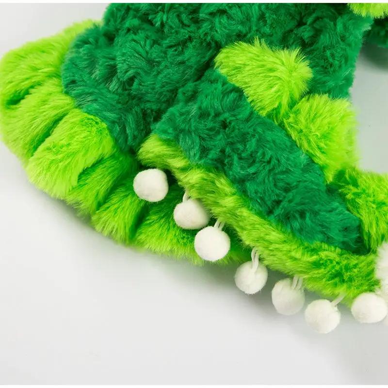 Pet Zen dog clothes, plush green fuzzy fabric with white pom-pom trim