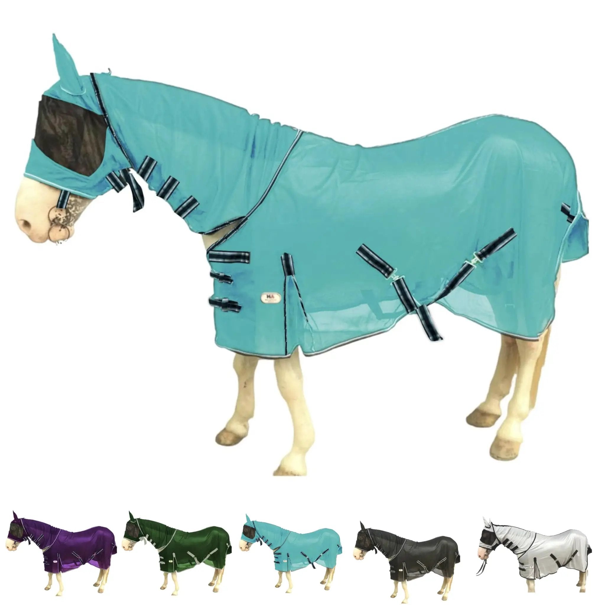Majestic Ally Horse Fly Sheet with Neck Cover and Head Mask Breathable UV and Bite Equine Protection Adjustable Body Straps Boarding or Turnout Accessory Contoured Fit (Turquoise 76 Inch) - from For Animals, With Love