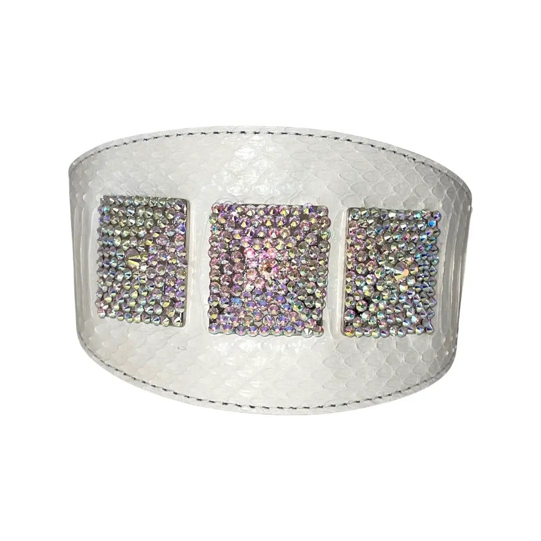 Matte white snake skin collar, 4-inch wide, with three Swarovski crystal rivet panels by Allysa Payne Beverly Hills