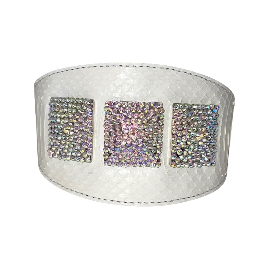 Mikayoga Matte White Snake Collar With 3 Swarovski Rivets by Allysa Payne Beverly Hills