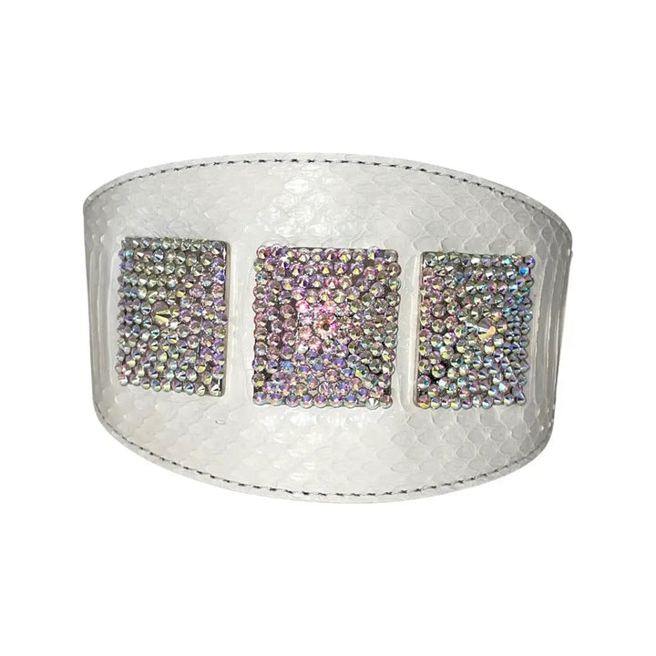 Matte white snake skin collar, 4-inch wide, with three Swarovski crystal rivet panels by Allysa Payne Beverly Hills
