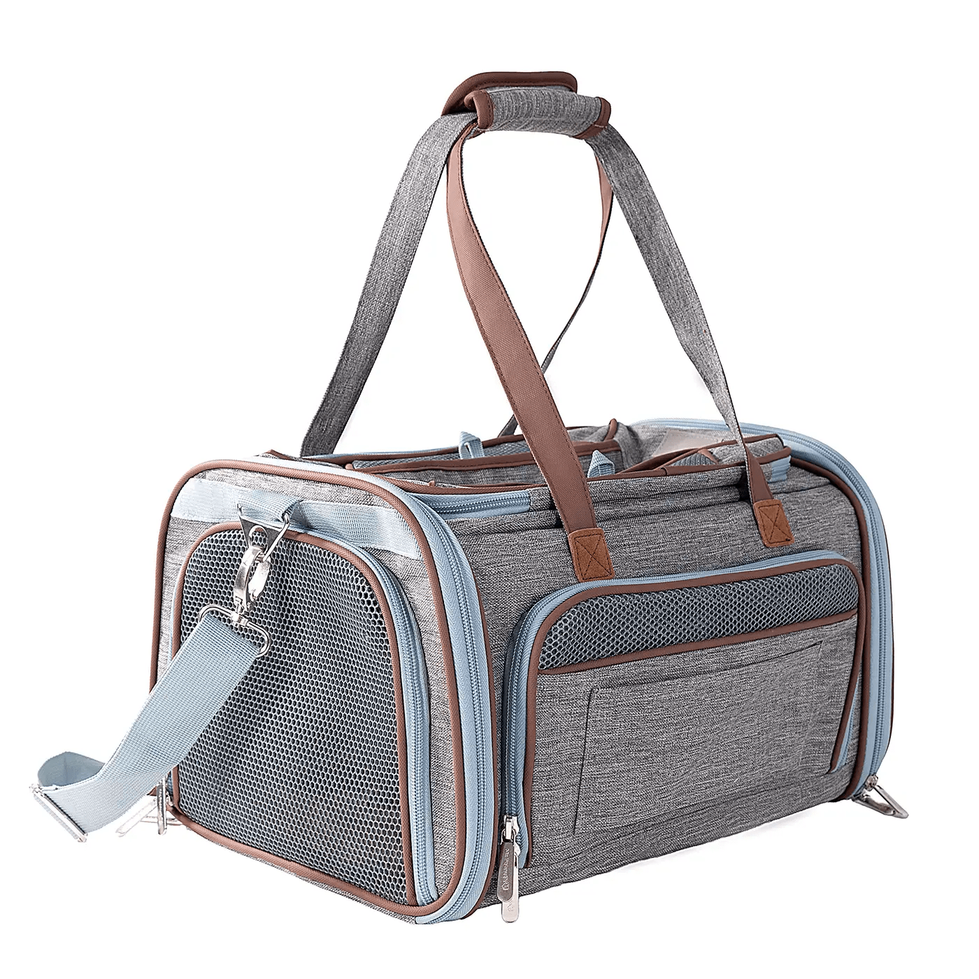 Mr. Peanut's Gold Series Expandable V3.0 Pet Carrier, gray heather fabric with blue trim and brown handles