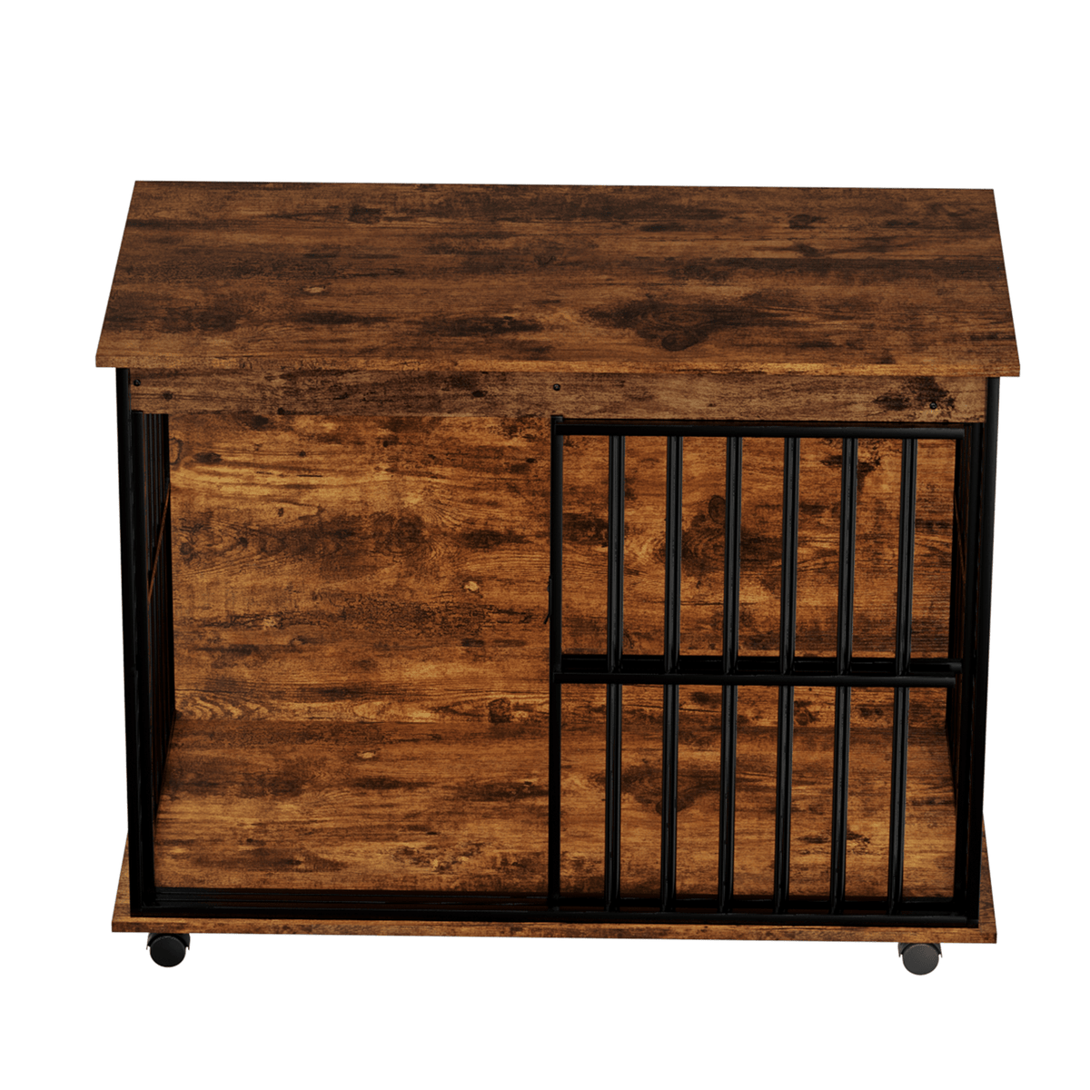 Large wooden dog crate furniture by Sangria Beech with black metal bars and caster wheels
