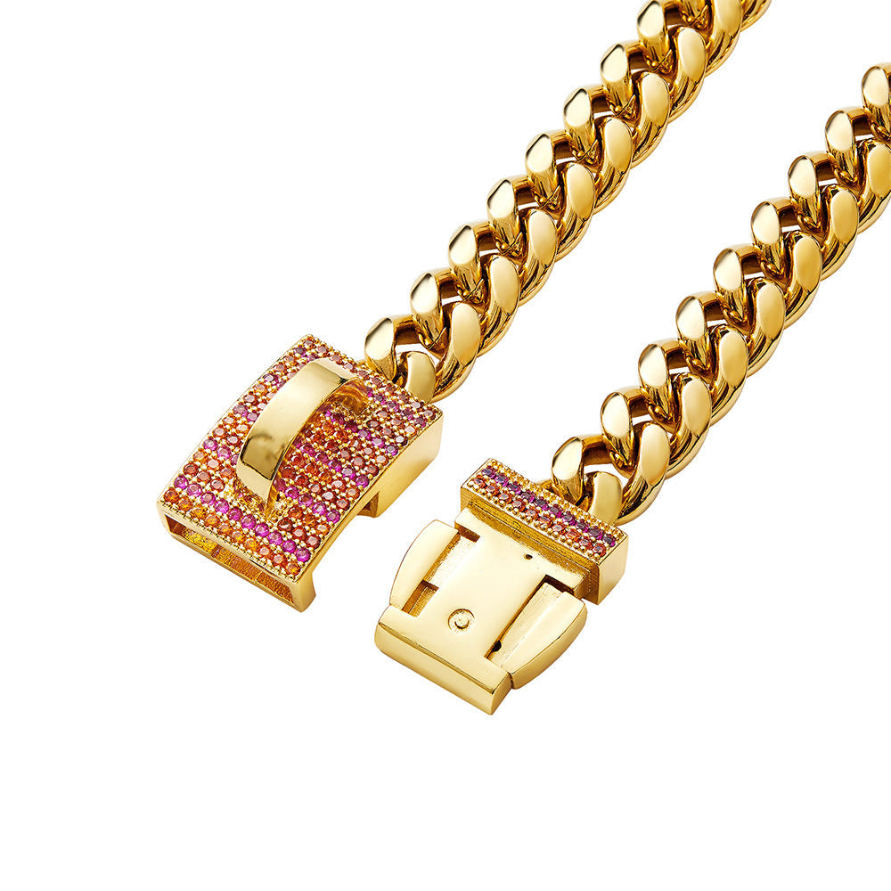 Close-up of pink-accent clasp and chain links