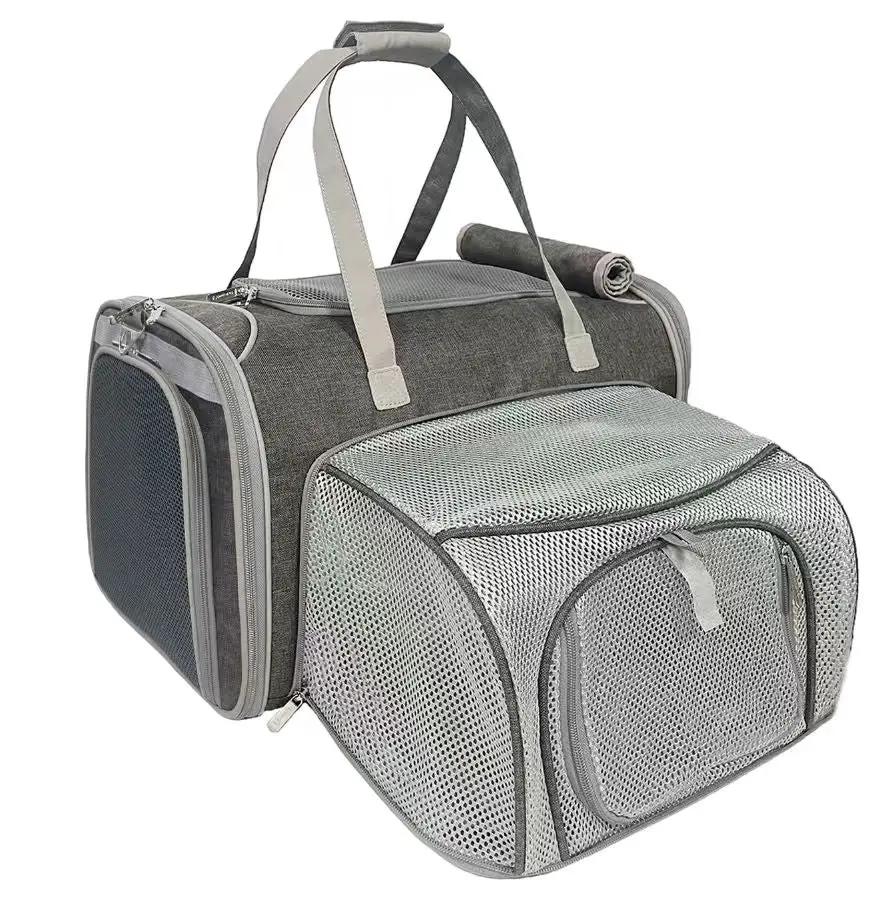 Mr. Peanut's Gold Series Big Apple XL Expandable Pet Carrier V3.0, gray air-travel approved carrier with mesh front panel.