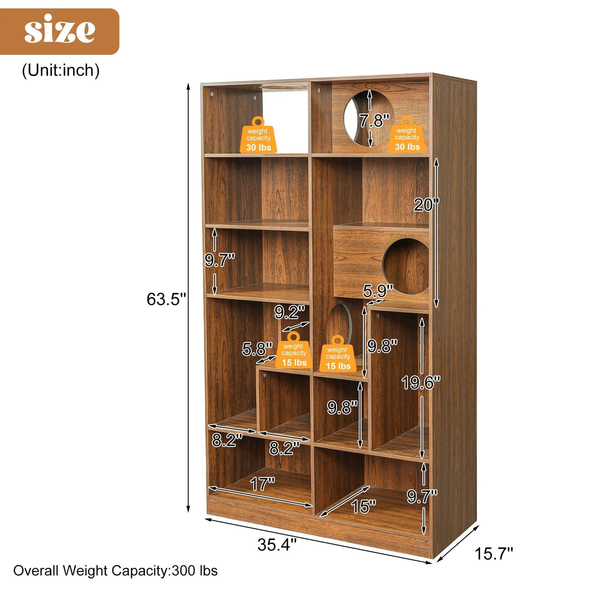Cat tree display cabinet by Sangria Beech; modern wooden 2-in-1 cat house bookshelf, 63.5in tall.