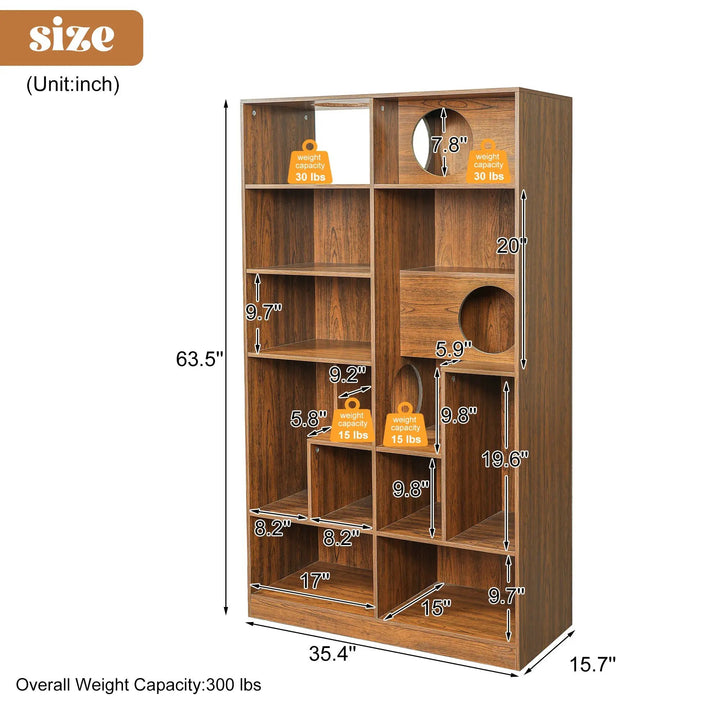 The Curator Cat Bookshelf in Brown: supplier diagram showing 35.4-inch width, 15.7-inch depth, 63.5-inch height, and load labels