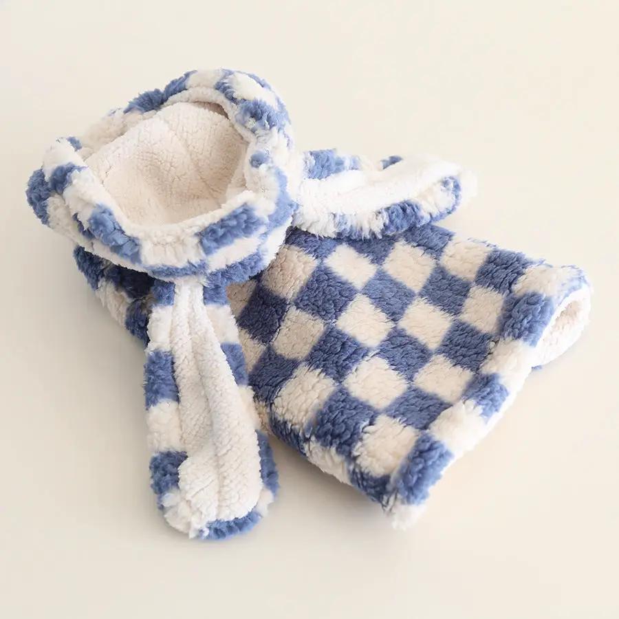 SOCKPET small dog flannel cape towel with blue and white checkered pattern and hood.