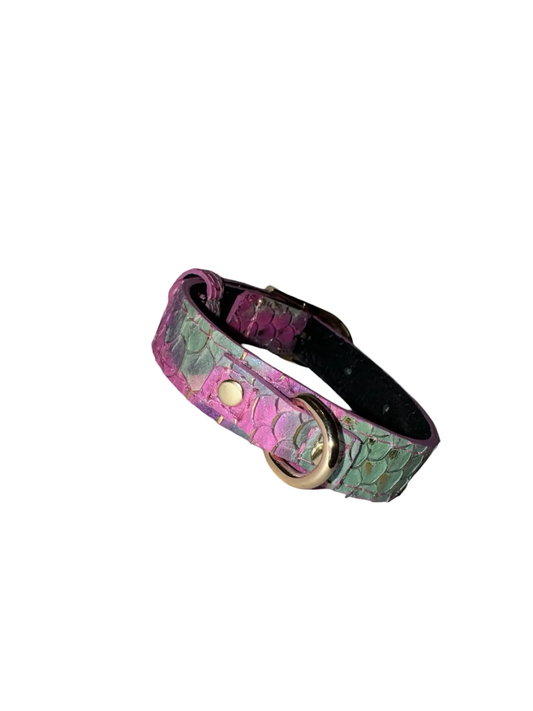 Mermaid Collection XS Collar by Allysa Payne Beverly Hills; pink-green scale-pattern leather with gold ring.