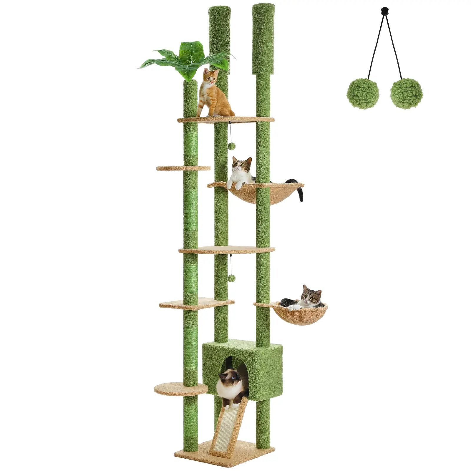 PEQULTI Tall Cat Tree Floor to Ceiling Cat Tree Tower Adjustable [90.5-100.4=230-252CM] with Cat Condo Cat Hammock and Scratching Post Cat Climbing Tree for Indoor Large Cats Green - from For Animals, With Love