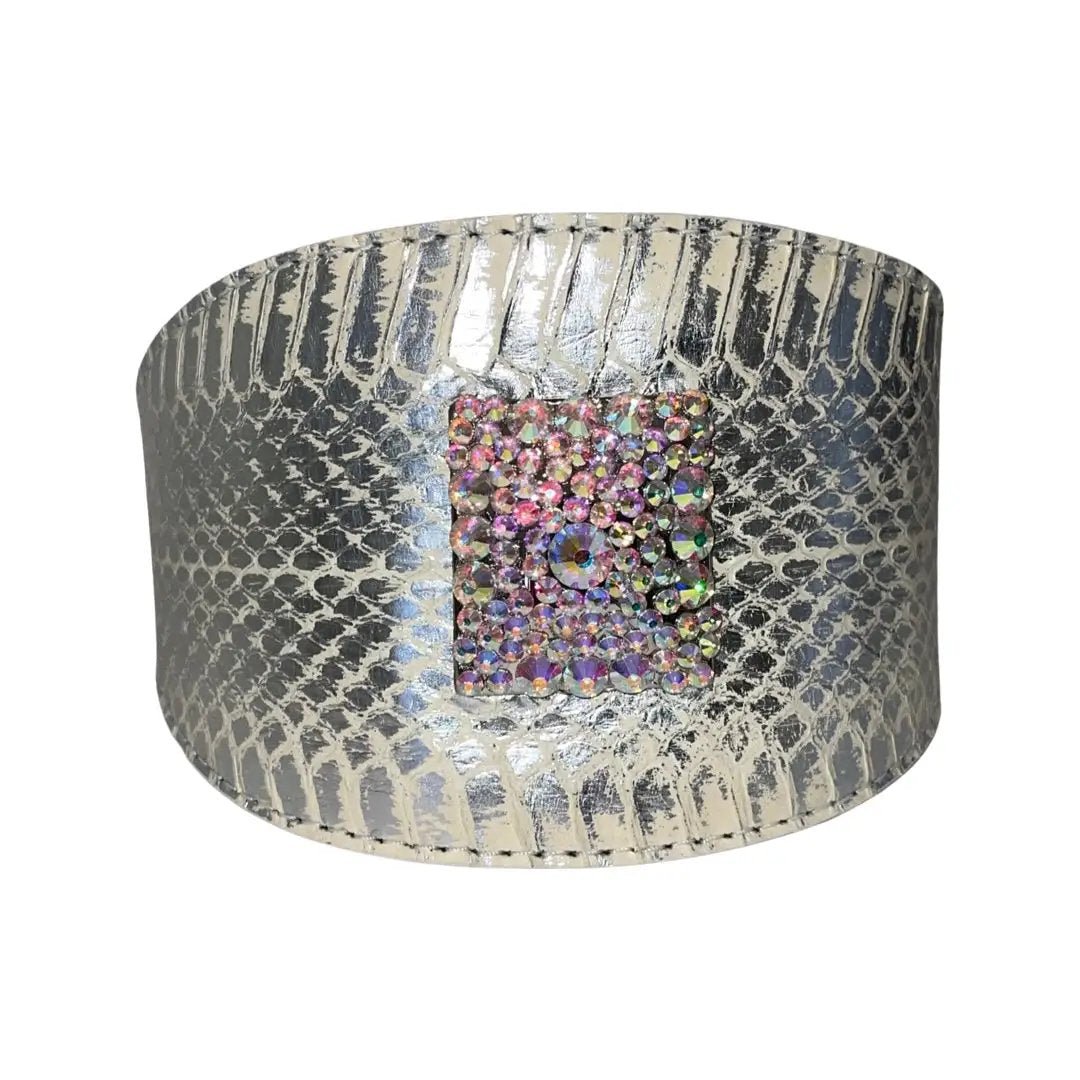 Bracelet: silver snakeskin cuff with a square Swarovski crystal rivet, Allysa Payne Beverly Hills