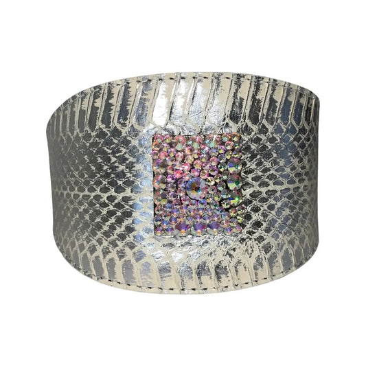 Bracelet: silver snakeskin cuff with a square Swarovski crystal rivet, Allysa Payne Beverly Hills