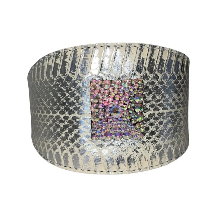 Bracelet: silver snakeskin cuff with a square Swarovski crystal rivet, Allysa Payne Beverly Hills