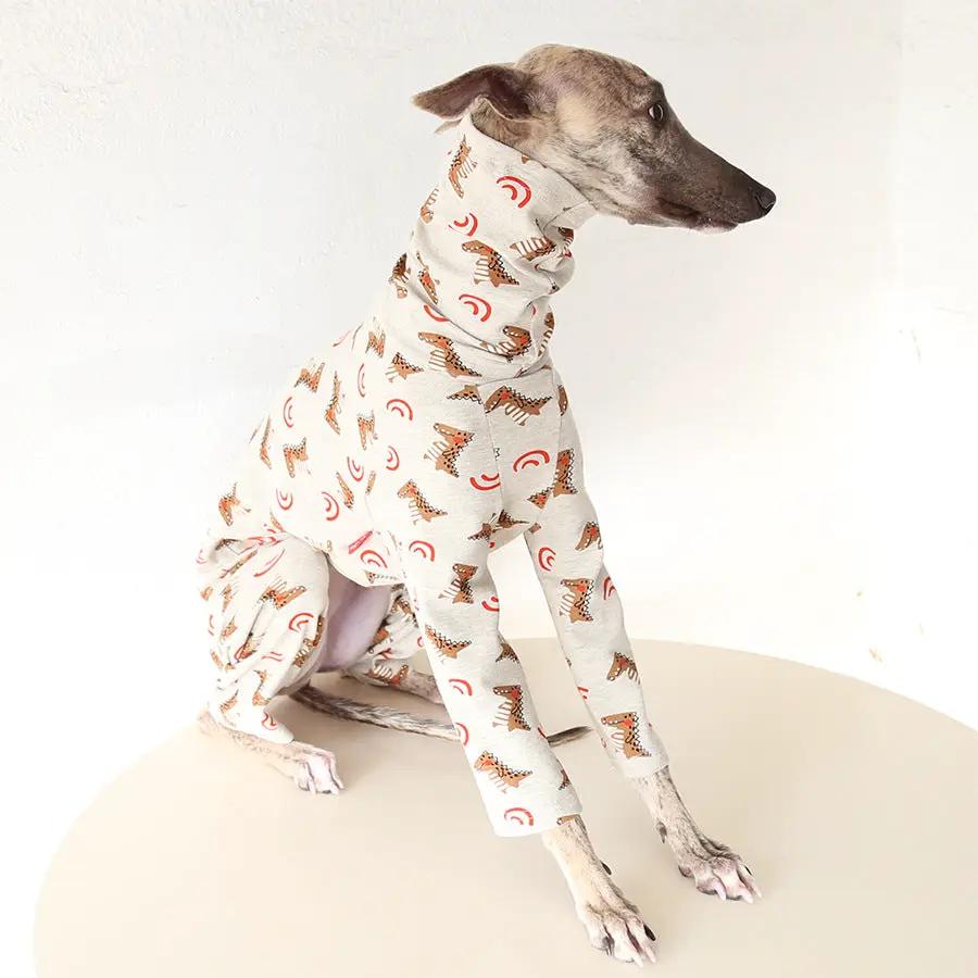 Whippet and Greyhound Dinosaur Cotton Pajamas for dogs by SOCKPET, light gray with dinosaur print